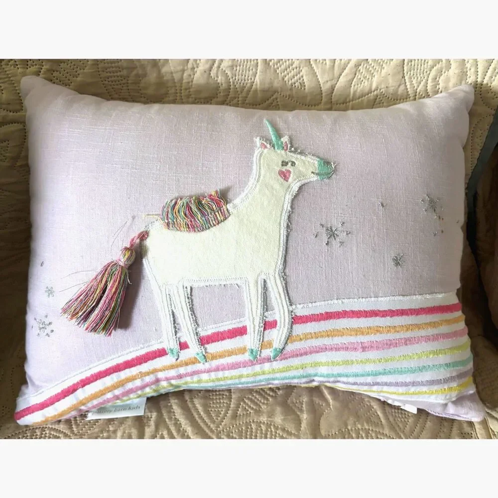 Pottery Barn Kids Unicorn Rainbow Throw Pillow 14x10 Pink Pastel Tassel Decor